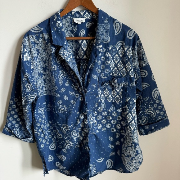 Grace & Mila Espinosa Blouse Size S Blue Print Top Cotton - Picture 7 of 12